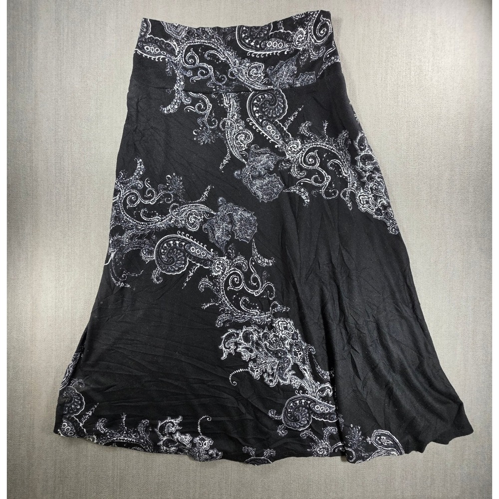 Roz & Ali Skirt Women XL Black White Paisley Print Knit Stretch A-Line Midi